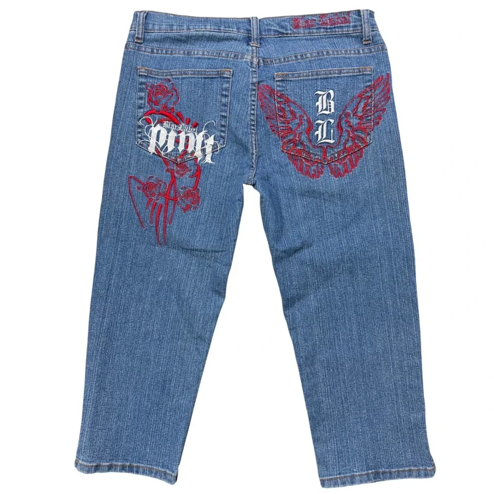 Black Label‎ Y2K Capri Jeans 13 14 Rose Graphic Blue